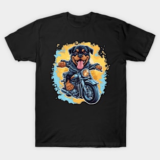 A humorous t-shirt design featuring a Rottweiler Dog on a motorcycle T-Shirt